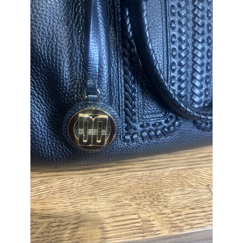 DAKS London Black Pebbled Leather Satchel Bag Gold Hardware Braided Detail - Picture 11 of 16
